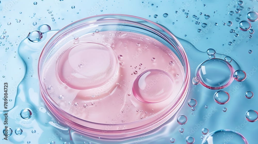 Poster top view of blue transparent clear calm water surface texture with splashes and bubbles with pink po