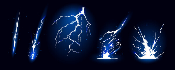 Lightning strike bolt silhouettes sequence vector illustration. Black thunderbolts and zippers are natural phenomena isolated on a dark background. Thunderstorm electric effect of light shining flash.