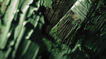 A close up of the bristles of a wide decorators paint brush coated with green paint as its used to paint a wood surface : Generative AI
