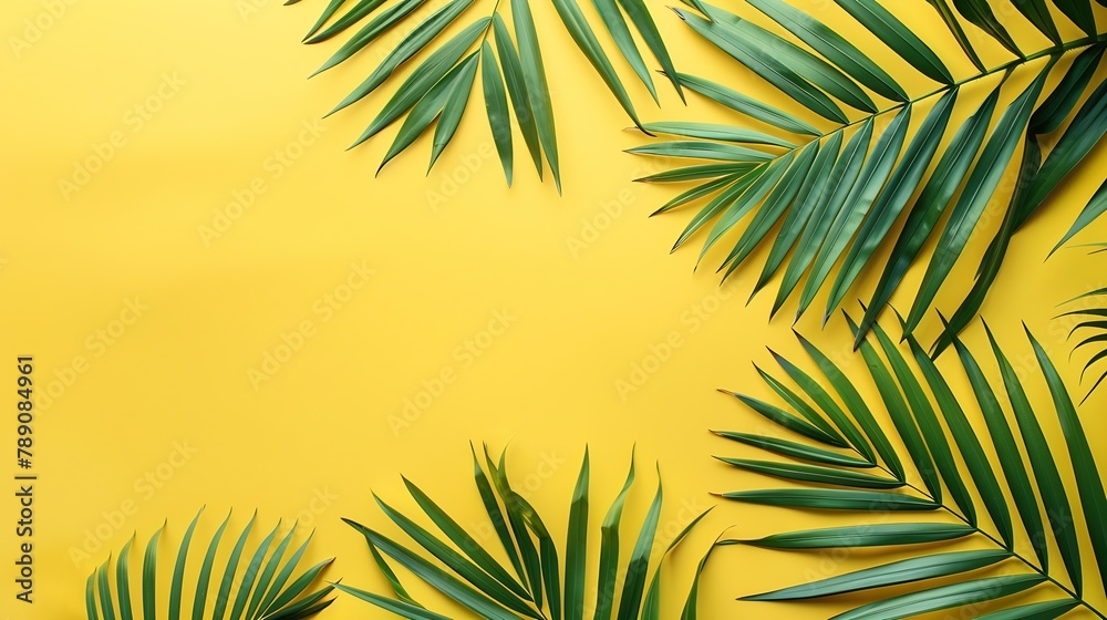 Aufkleber tropical palm leaves on yellow background summer concept flat lay top view copy space : generative a