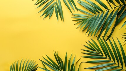 Fototapeta na wymiar Tropical palm leaves on yellow background Summer concept Flat lay top view copy space : Generative AI