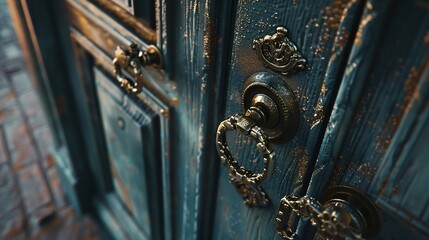 antique brass and forged door handles closeup vintage architecture and restoration : Generative AI - obrazy, fototapety, plakaty