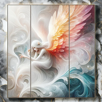 3d illustration, panel wall art, wall decoration, with angel and grey smoke, wall mockup decor luxurious marble background - Generative AI