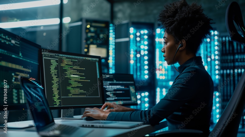 Aufkleber A female engineer actively researches and implements new data analysis technologies that help identify vulnerabilities and improve information security in the data center. Programs