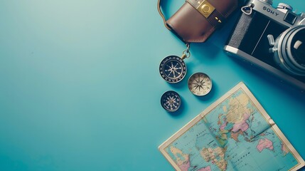 top view travel concept with retro camera films map passport and compass on blue background with copy space Tourist essentials vintage tone effect : Generative AI