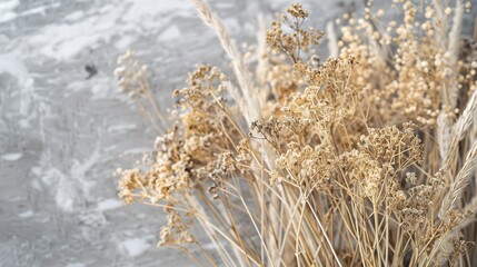 Fototapeta premium Dried flowers bouquet close up dried herbs at gray marble background preserved field reed grass Calamagrostis for home decoration object photography floristics craft natural dried plan : Generative AI