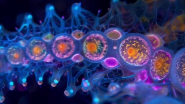 A crosssectional view of a ciliate with its intricate internal structures and organelles lit up in fluorescent colors demonstrating . AI generation.
