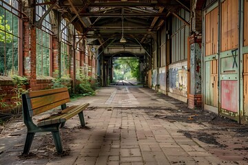 : An abandoned, abandoned train station, with a single, sad, solitary bench