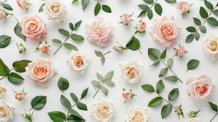 Floral pattern made of pink and beige roses green leaves branches on white background Flat lay top...