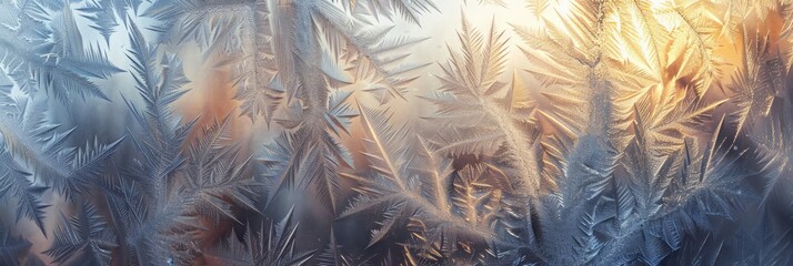Intricate frost patterns form an ethereal abstract design on a chilly winter window beautifully...