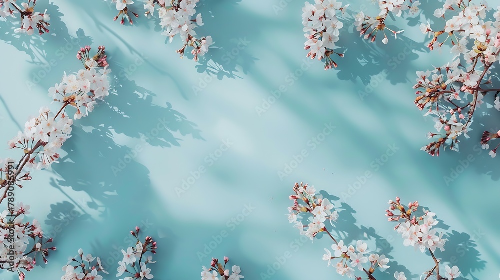 Poster beautiful turquoise blue background with spring cherry blossom branches top view flat lay frame crea