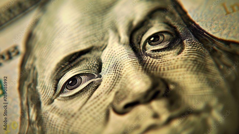 Poster macro image of benjamin franklin on one hundred us dollar bill money of united states business and f