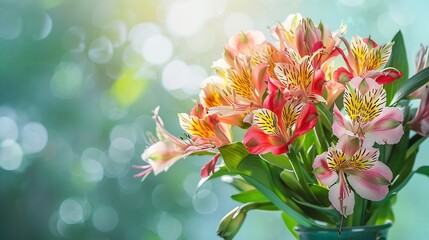 Bouquet of Alstroemeria flowers on green background Wedding anniversary greeting card concept : Generative AI
