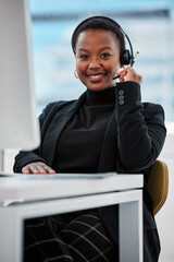 Customer service, portrait and black woman consultant in office for online crm consultation with headset. Technology, technical support and call center or telemarketing advisor working on computer.