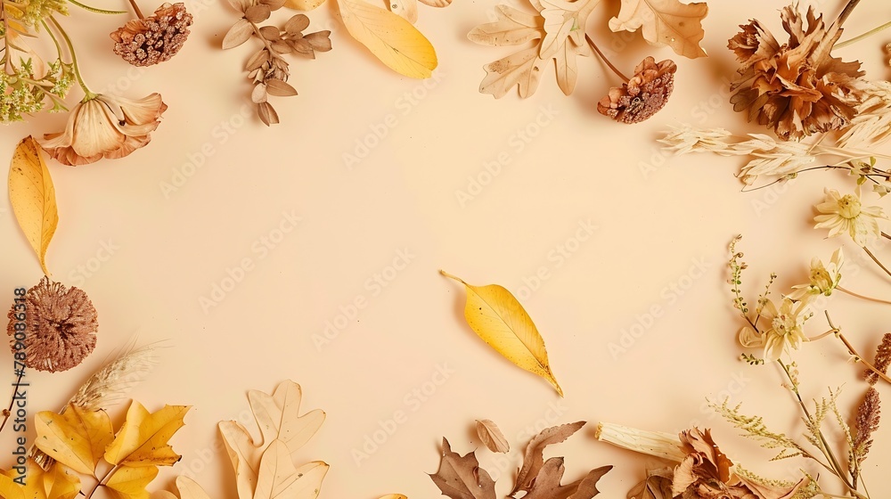 Poster autumn composition frame made of dried flowers and leaves on pastel beige background autumn fall con