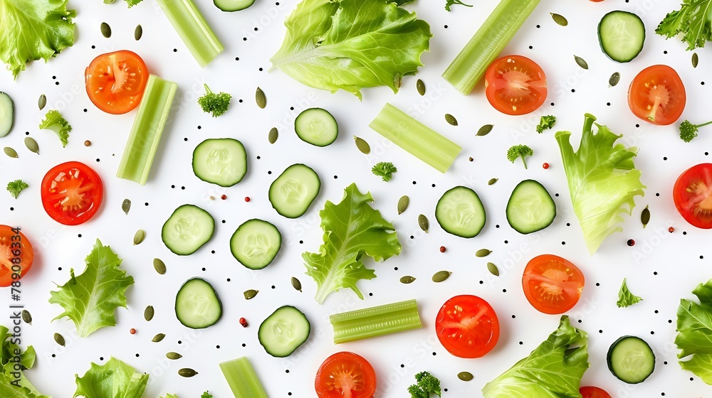 Aufkleber Eating pattern with raw ingredients of salad lettuce leaves cucumbers red tomatoes carrots celery and seeds on white background : Generative AI