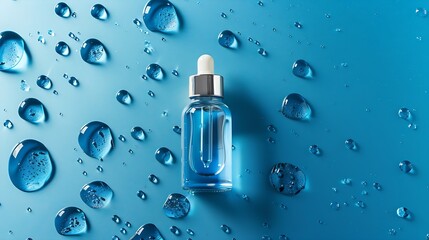 Serum bottle  oil cosmetic on blue background with hard light and water drops with shadows flat lay top view : Generative AI