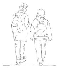 Man and woman with backpacks walking away. Tourism. Rear view. Continuous line drawing. Black and white vector illustration in line art style.