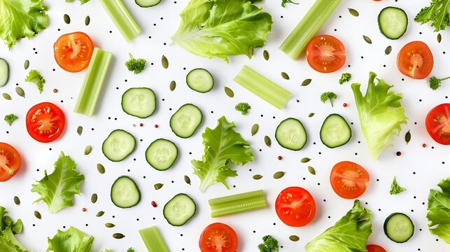 Eating pattern with raw ingredients of salad lettuce leaves cucumbers red tomatoes carrots celery and seeds on white background : Generative AI