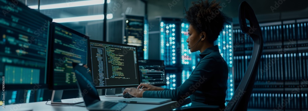 Poster Female engineer in data center is responsible for verifying and analyzing effectiveness data security systems, developing implementing advanced technologies to ensure protection information. Banner