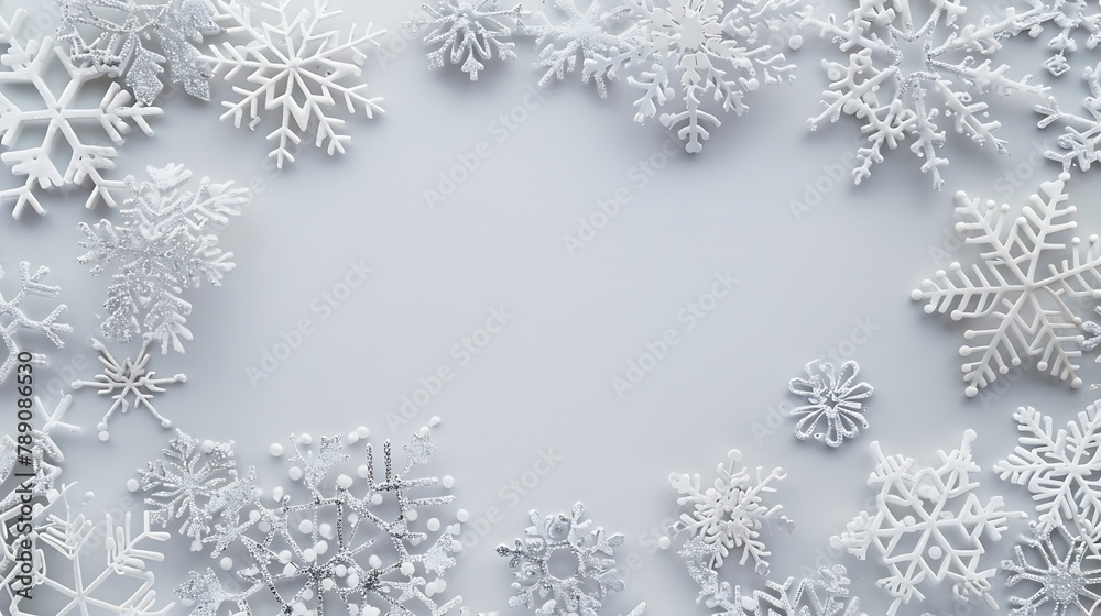 Poster christmas composition christmas frame made of snowflakes on pastel gray background winter concept fl