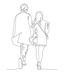 Couple walking away. Woman using phone man in glasses. Rear view. Continuous line drawing. Black and white vector illustration in line art style.