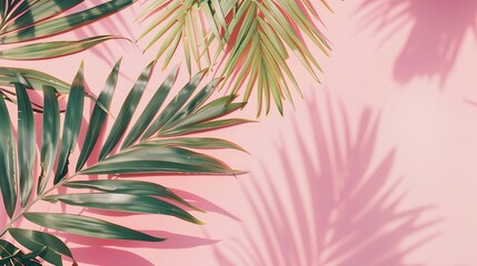 Tropical palm leaves on pink background Minimal nature summer concept Flat lay : Generative AI