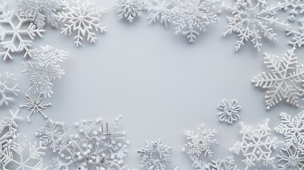 Christmas composition Christmas frame made of snowflakes on pastel gray background Winter concept Flat lay top view copy space : Generative AI