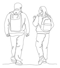 Man and woman with backpacks walking away. Tourists season. Rear view. Continuous line drawing. Black and white vector illustration in line art style.