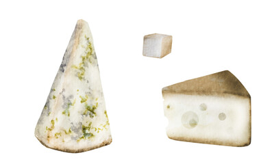 Watercolor illustration of pieces of cheese of different varieties. Pieces of delicious cheese. Template for your design.