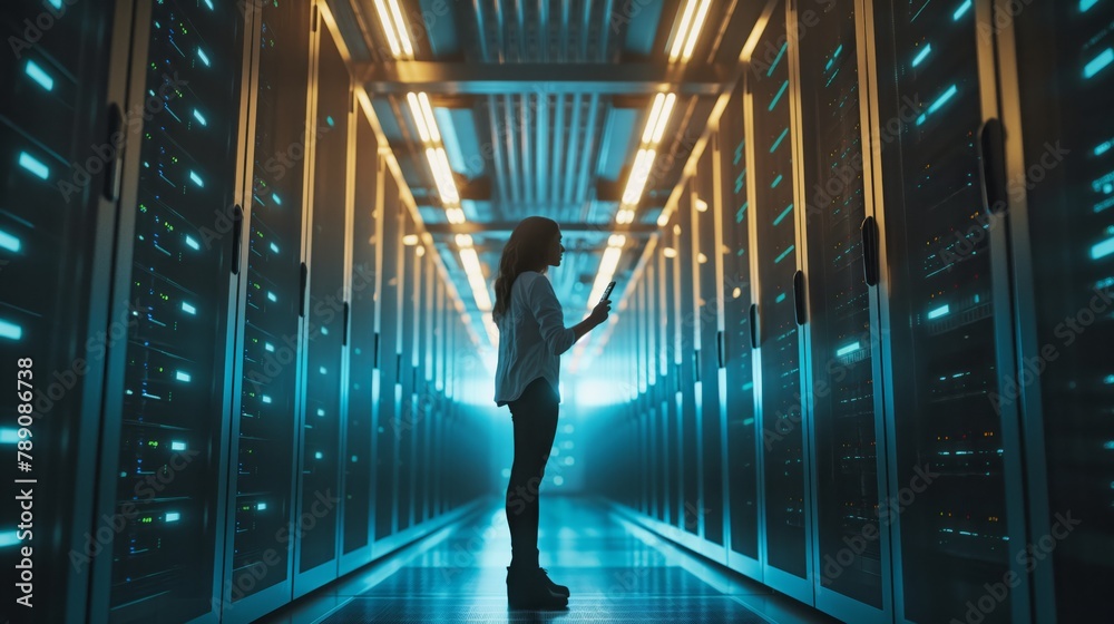 Aufkleber A female engineer takes the initiative in improving workflows and introducing new technologies in the data center to increase productivity and efficiency.