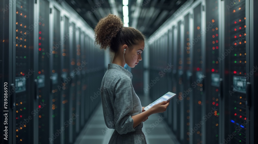 Poster A professional engineer analyzes and improves electronic systems in the server room, ensuring efficient data storage. In the middle data center, a female engineer is deeply immersed in server setup