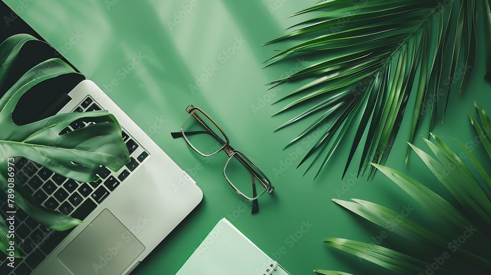 Aufkleber home office workspace with laptop palm leaf notebook and accessories flat lay top view : generative 