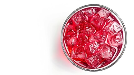 Red juice with ice cubes in glass isolated on white background Top view Flat lay : Generative AI