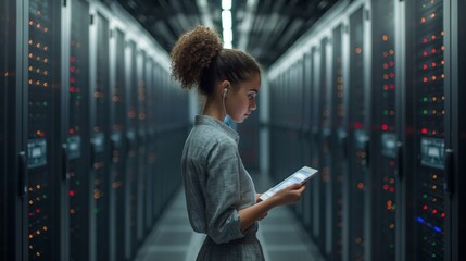 A professional engineer analyzes and improves electronic systems in the server room, ensuring efficient data storage. In the middle data center, a female engineer is deeply immersed in server setup