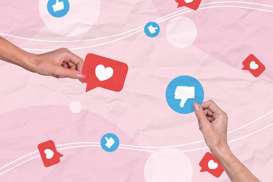 Composite photo collage of hand show bubble like love heart thumb down blogging resections dislike evaluation isolated on painted background