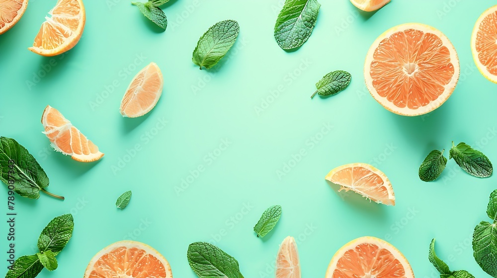 Aufkleber Top view of citrus slices and mint herbs frame on retro mint pastel background with copyspace Minimal fruit concept design : Generative AI