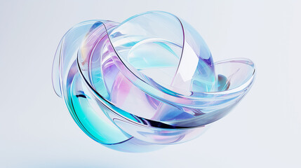 Abstract futuristic shape with iridescent glass texture floating on white background, 3d rendering illustration of clear contact lens. Pastel color, blue purple green and pink