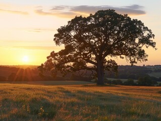 Fototapeta na wymiar Sentinel of Solitude: The Lone Oak at Sunset