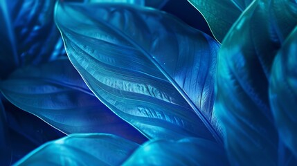 Closeup macro nature exotic bright blue green leave texture tropical Jungle plant backgroundCurve leaf floral botanical desktop wallpaperwebsite cover backdrop : Generative AI