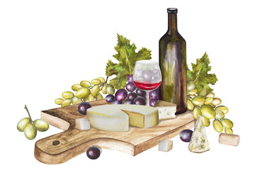 Watercolor illustration, wine composition with a bottle of wine, different types of cheese and grapes. Wine set for various designs.