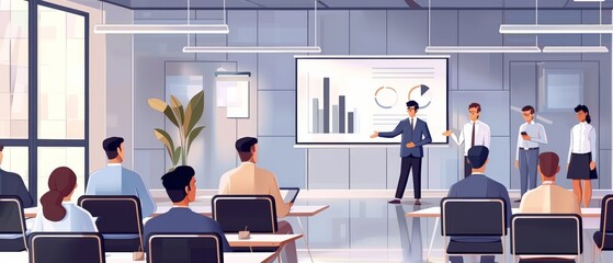 realistic photo of a businessperson giving a detailed presentation in a spacious, modern office meeting room filled with coworkers Include realistic interactions like colleagues arriving late, some st - obrazy, fototapety, plakaty
