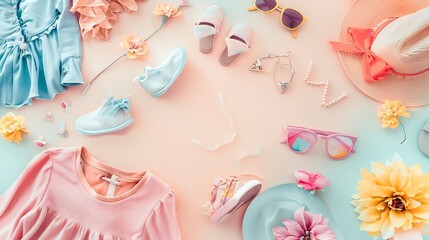 Flat Lay Shot Of Girls Spring Clothing And Accessories : Generative AI