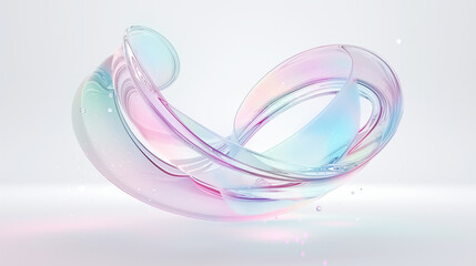 Abstract futuristic shape with iridescent glass texture floating on white background, 3d rendering illustration of clear contact lens. Pastel color, blue purple green and pink