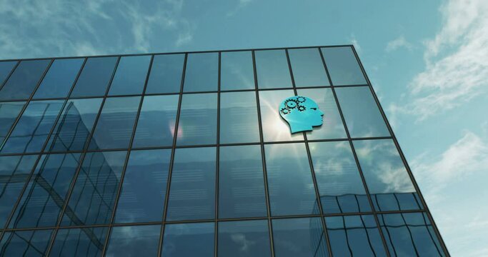 Artificial Intelligence glass building concept. AI head symbol on front facade 3d.