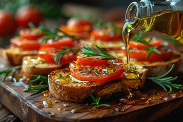 This mouthwatering image captures freshly made bruschetta with tomato and basil being adorned with a drizzle of olive oil - Powered by Adobe