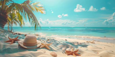 Obraz premium Summer beach banner with sand, sea, hat, star shells on blue sky background. Beach holiday concept. Copy space for text