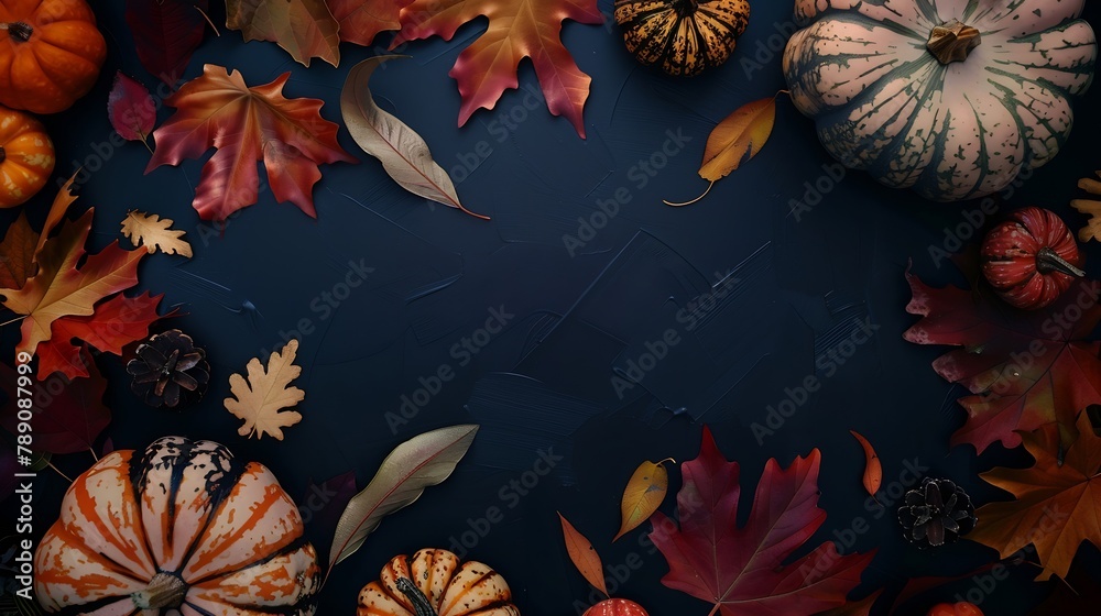 Poster thanksgiving and autumn decoration concept made from autumn leaves and pumpkin on dark background fl