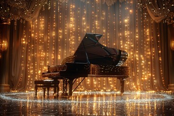 Elegant grand piano on a grand stage surrounded by golden shimmering lights giving an air of luxury and classic entertainment
