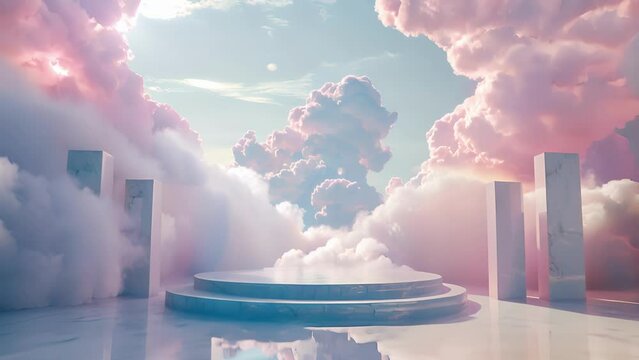The podiums dreamy backdrop sets the stage for a fairytale setting with surreal clouds floating above in a dreamy otherworldly landscape. . AI generation.